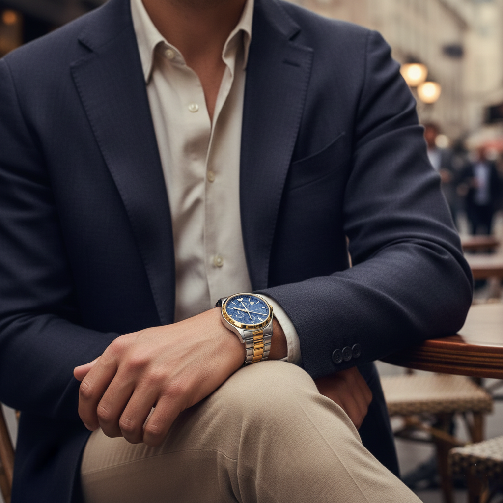 Emporio Armani Paolo AR11579 43mm Men's Chronograph Watch – Blue Textured & Two-Tone Stainless Steel Bracelet
