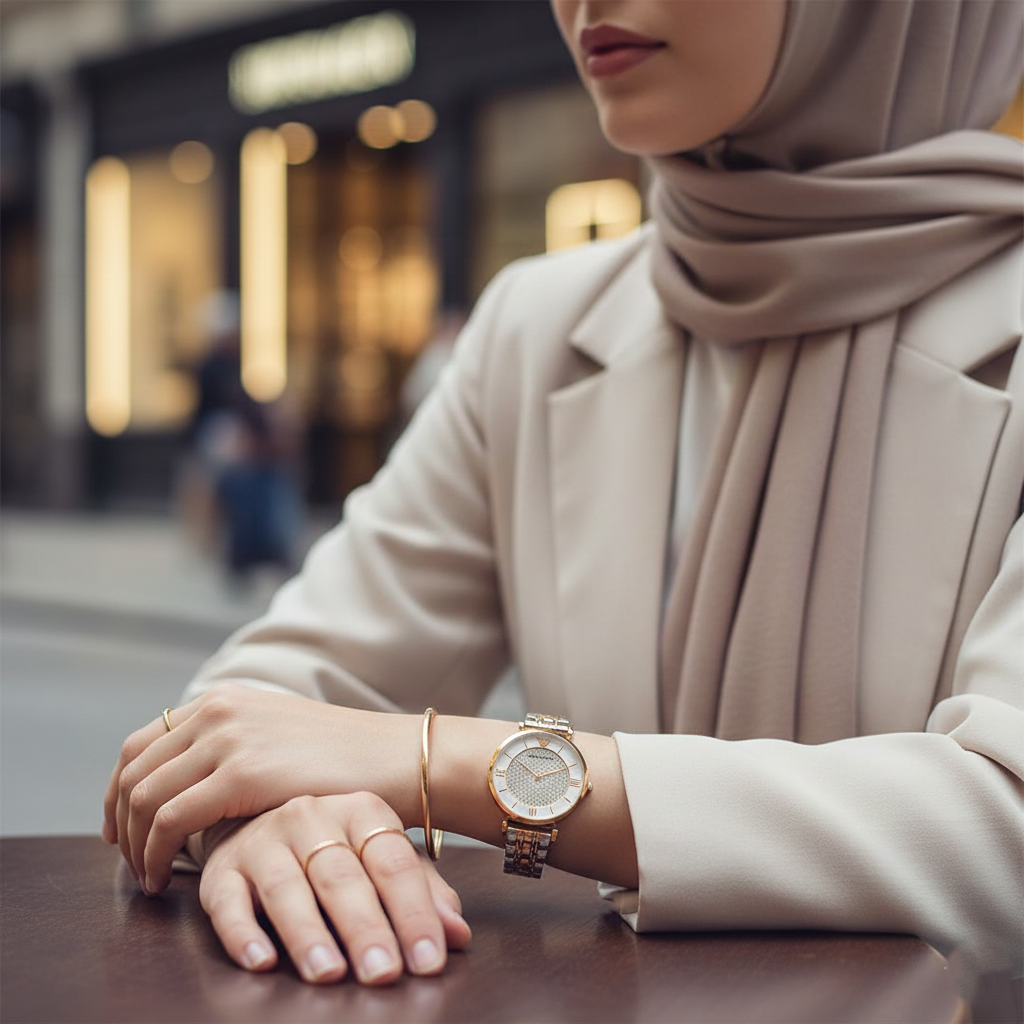 Emporio Armani Gianni T-Bar AR2076 32mm Women's Quartz Watch – Two-Tone Crystal-Set & Two-Tone Silver and Rose Gold Stainless Steel Bracelet