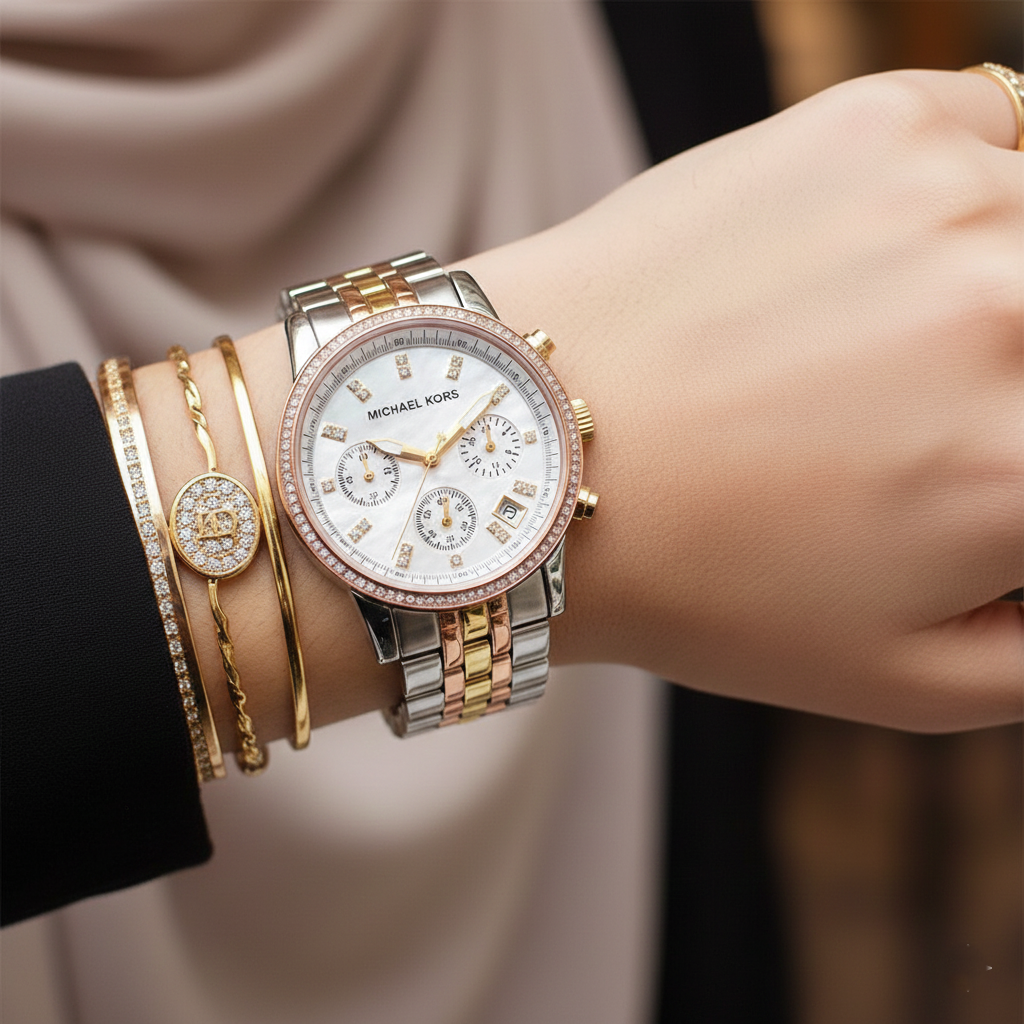 Michael Kors Ritz MK5650 37mm Women's Chronograph Watch – Mother Of Pearl with Two-Tone Stainless Steel Bracelet