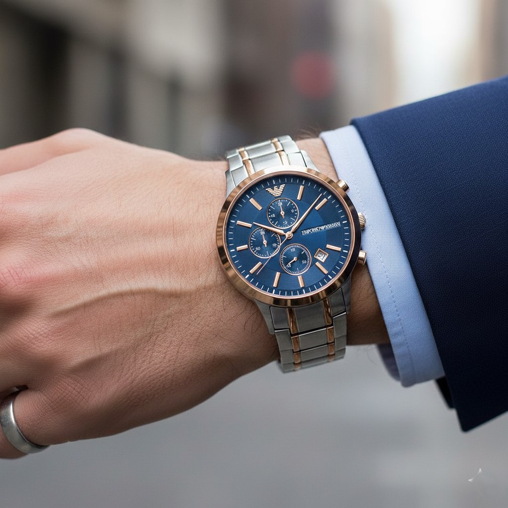 Emporio Armani Renato AR80025 43mm Men's Chronograph Watch – Blue Sunray & Rose Gold Stainless Steel Bracelet