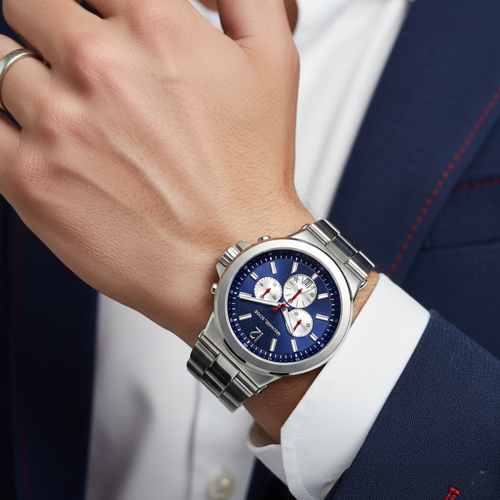 Michael Kors Dylan MK8171 45mm Men's Chronograph Watch – Blue & Silver-Tone Stainless Steel Bracelet