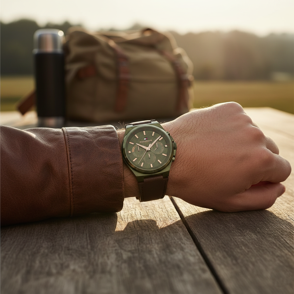 Tommy Hilfiger Signature 1792085 44mm Men's Quartz Watch – Olive Green & Brown Genuine Leather Strap