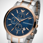 Emporio Armani Renato AR80025 43mm Men's Chronograph Watch – Blue Sunray & Rose Gold Stainless Steel Bracelet