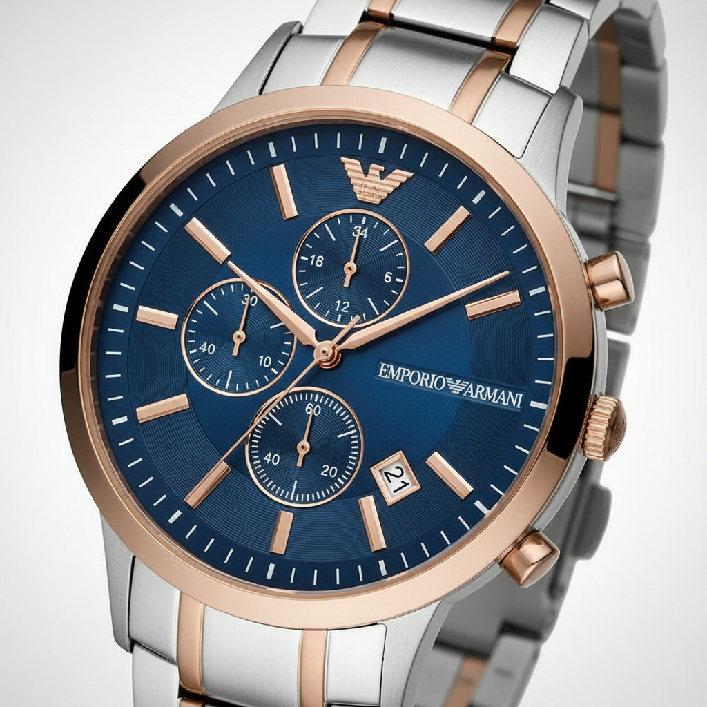 Emporio Armani Renato AR80025 43mm Men's Chronograph Watch – Blue Sunray & Rose Gold Stainless Steel Bracelet