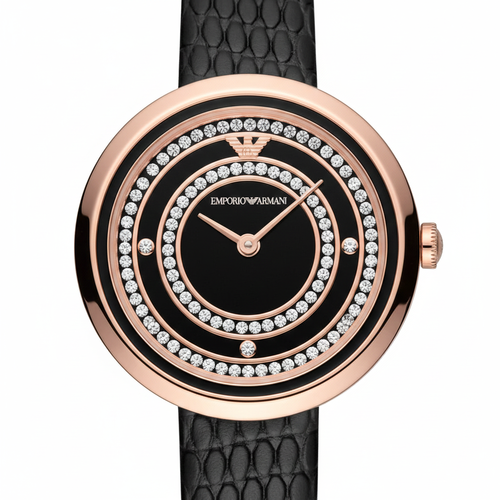 Emporio Armani Rosa AR11493 32mm Women's Quartz Watch – Black & Rose Gold-Tone Genuine Leather Strap