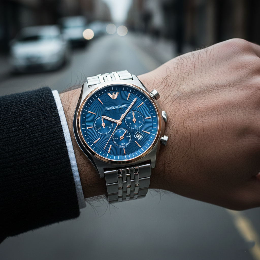 Emporio Armani Zeta AR1974 44mm Men's Chronograph Watch – Blue Sunray & Rose Gold Stainless Steel Bracelet