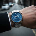 Emporio Armani Zeta AR1974 44mm Men's Chronograph Watch – Blue Sunray & Rose Gold Stainless Steel Bracelet