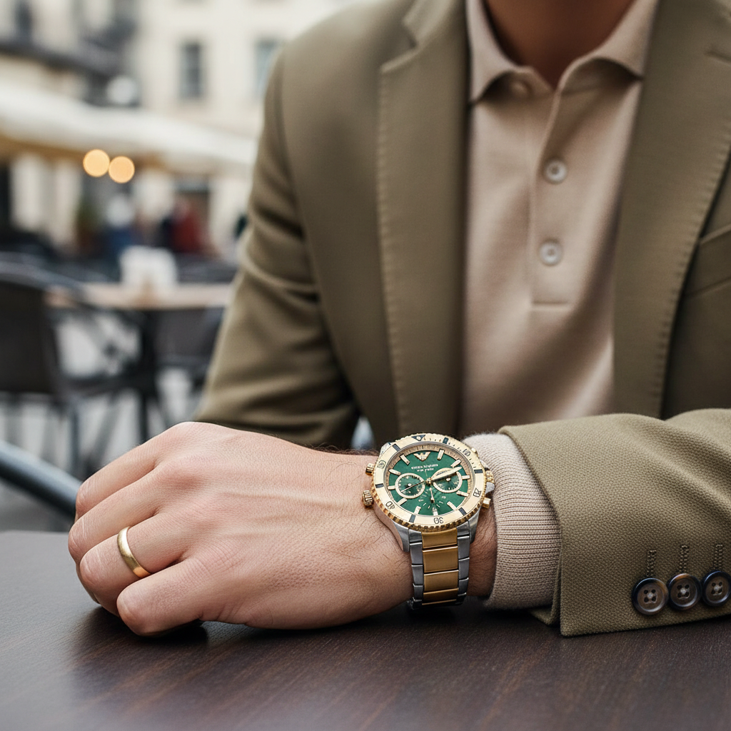 Emporio Armani Diver AR11586 43mm Men's Chronograph Watch – Green & Two-Tone Stainless Steel Bracelet