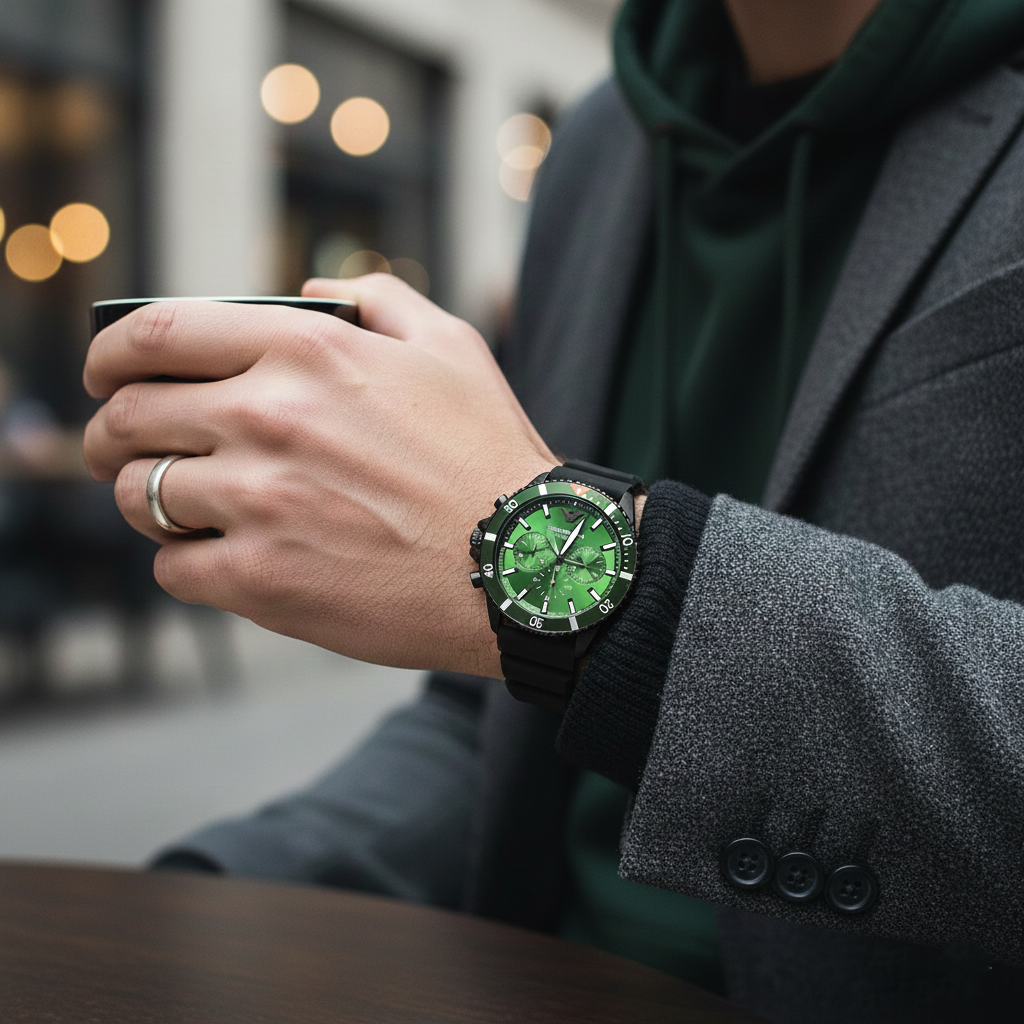 Emporio Armani Diver AR11463 43mm Men's Chronograph Watch – Green Sunray & Green Silicone Strap