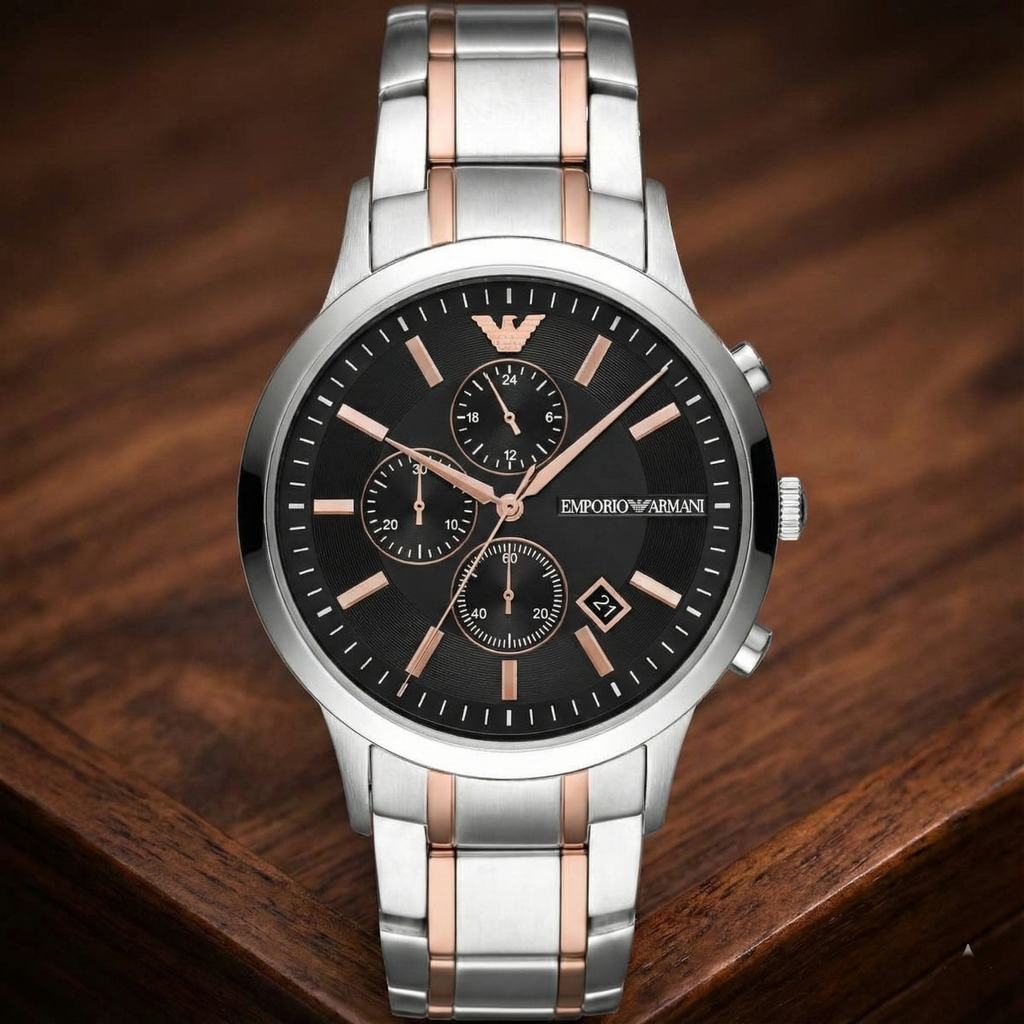 Emporio Armani Renato AR11165 Men's Chronograph Watch – Black Sunray & Rose Gold Stainless Steel Bracelet