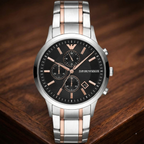 Emporio Armani Renato AR11165 Men's Chronograph Watch – Black Sunray & Rose Gold Stainless Steel Bracelet