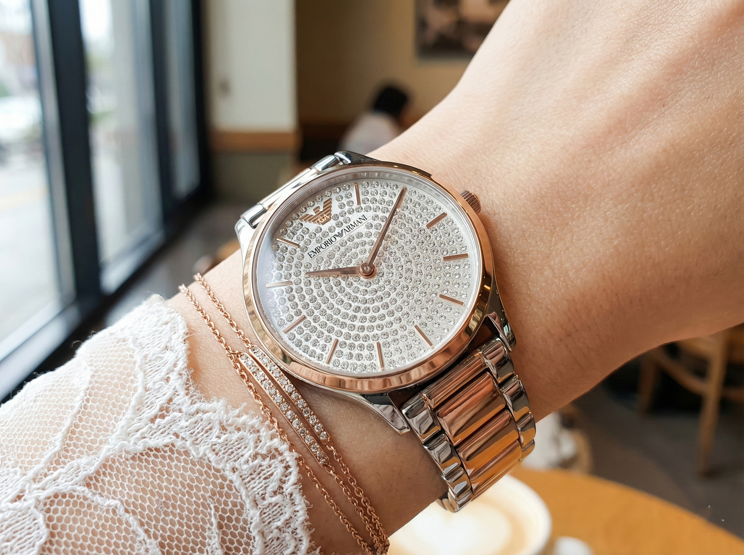 Emporio Armani Gianni T-Bar AR11537 32mm Women's Quartz Watch – Silver Crystal-Set Sunray & Two-Tone Silver and Rose Gold Stainless Steel Bracelet