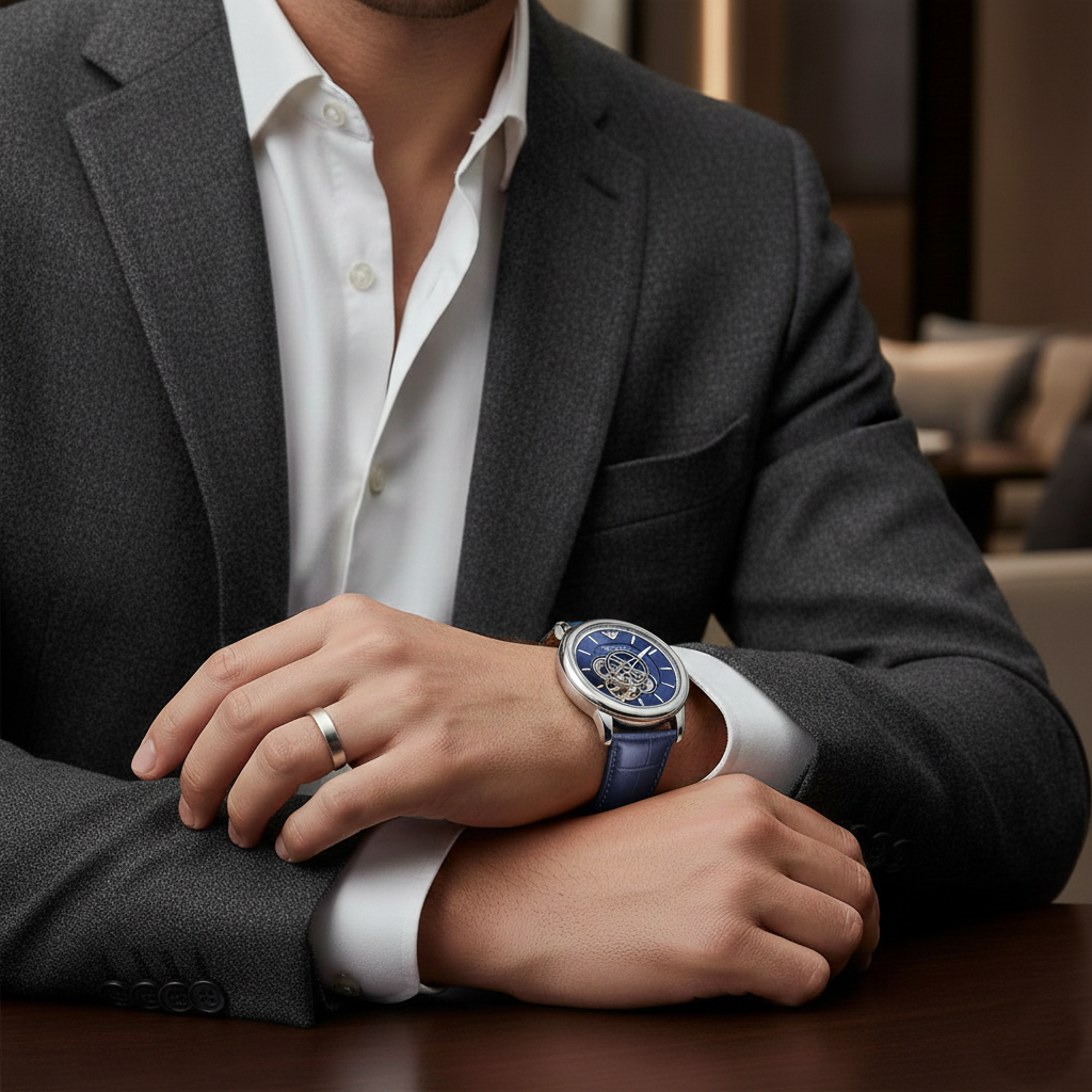 Emporio Armani Luigi AR60011 43mm Men's Automatic Watch – Navy Blue Open-Heart & Blue Genuine Leather Strap