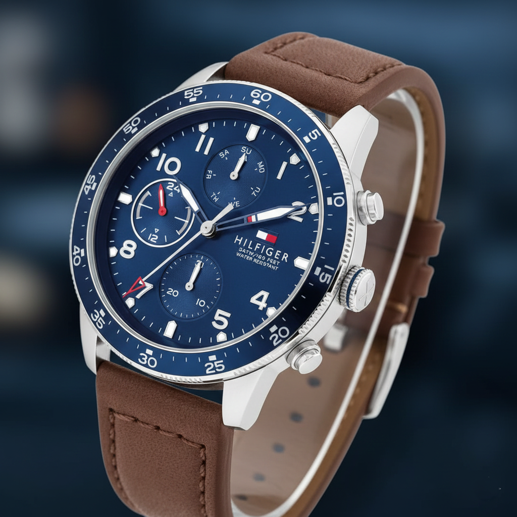 Tommy Hilfiger Jimmy 1791946 46mm Men's Multi-Function Watch – Blue & Brown Genuine Leather Strap