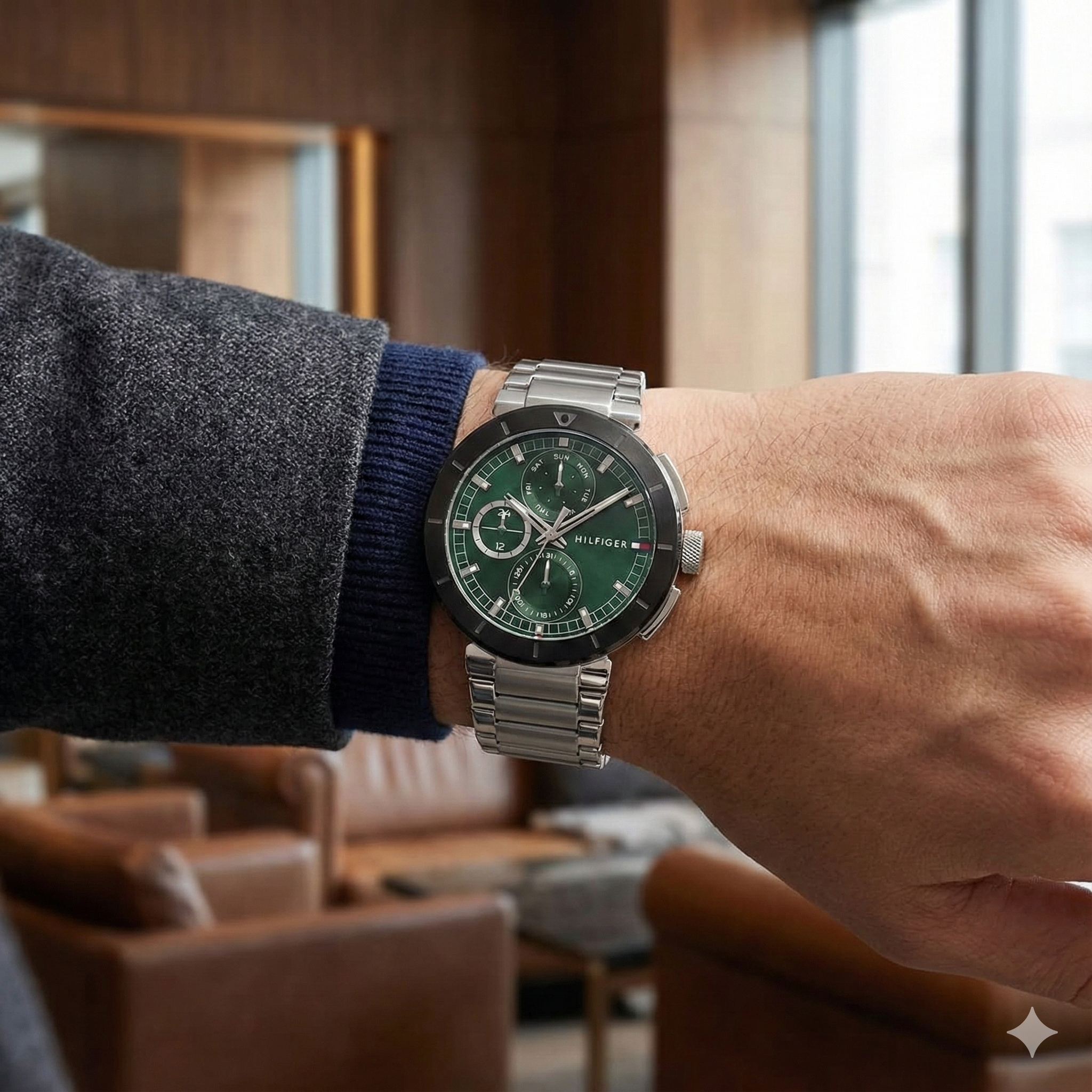 Tommy Hilfiger Signature 1710509 Men's Multi-Function Watch – Green & Silver Stainless Steel Bracelet