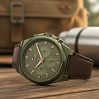 Tommy Hilfiger Signature 1792085 44mm Men's Quartz Watch – Olive Green & Brown Genuine Leather Strap