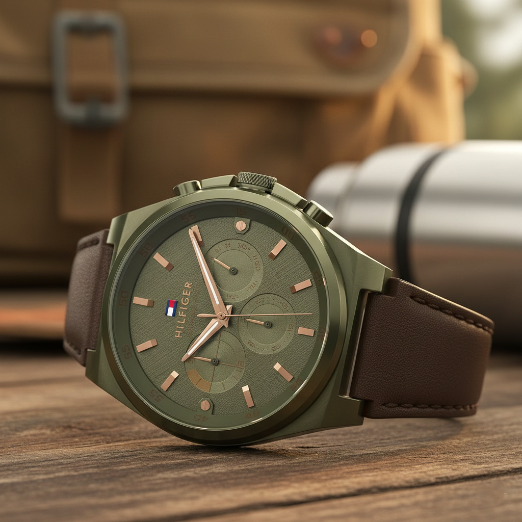 Tommy Hilfiger Signature 1792085 44mm Men's Quartz Watch – Olive Green & Brown Genuine Leather Strap