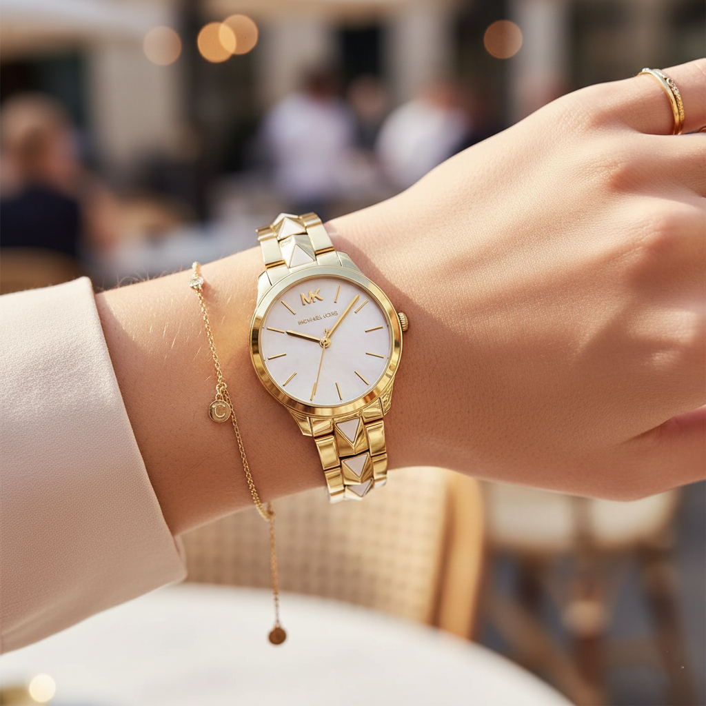 Michael Kors Runway MK6689 38mm Women's Quartz Watch – Mother-of-Pearl Gold with Gold Stainless Steel Bracelet
