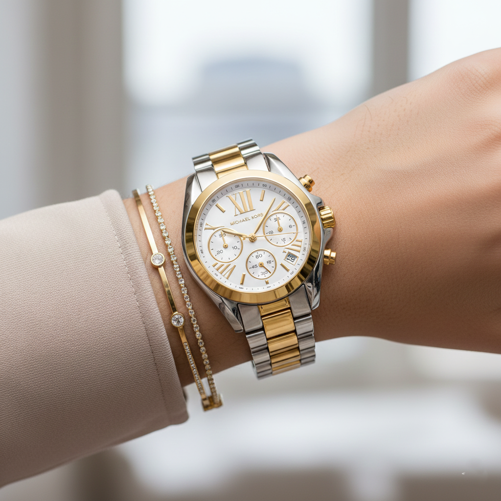 Michael Kors Bradshaw MK5974 43mm Women's Chronograph Watch – White with Two-Tone Stainless Steel Bracelet