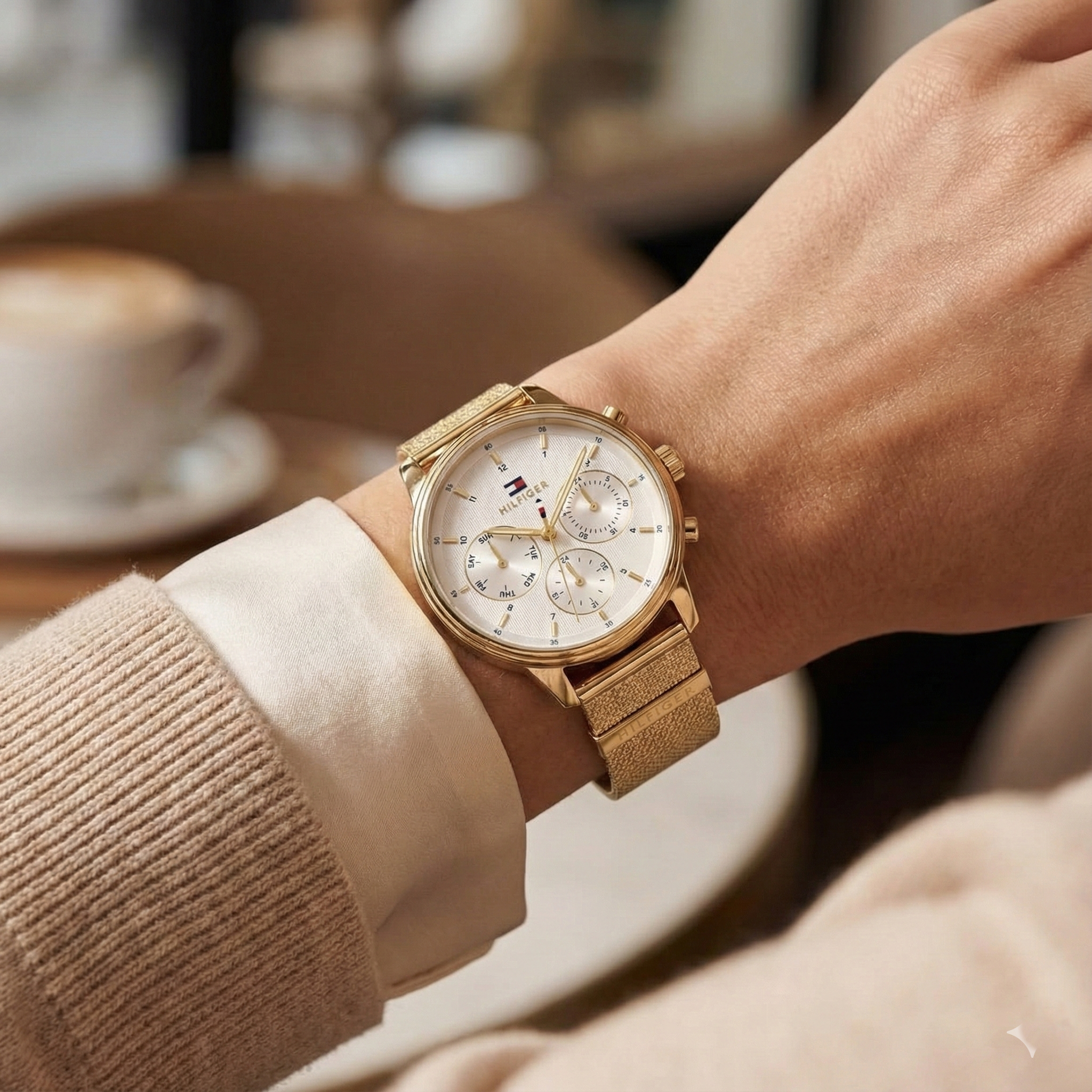 Tommy Hilfiger Signature 1782302 Women's Multi-Function Watch – White & Gold Stainless Steel Mesh Bracelet