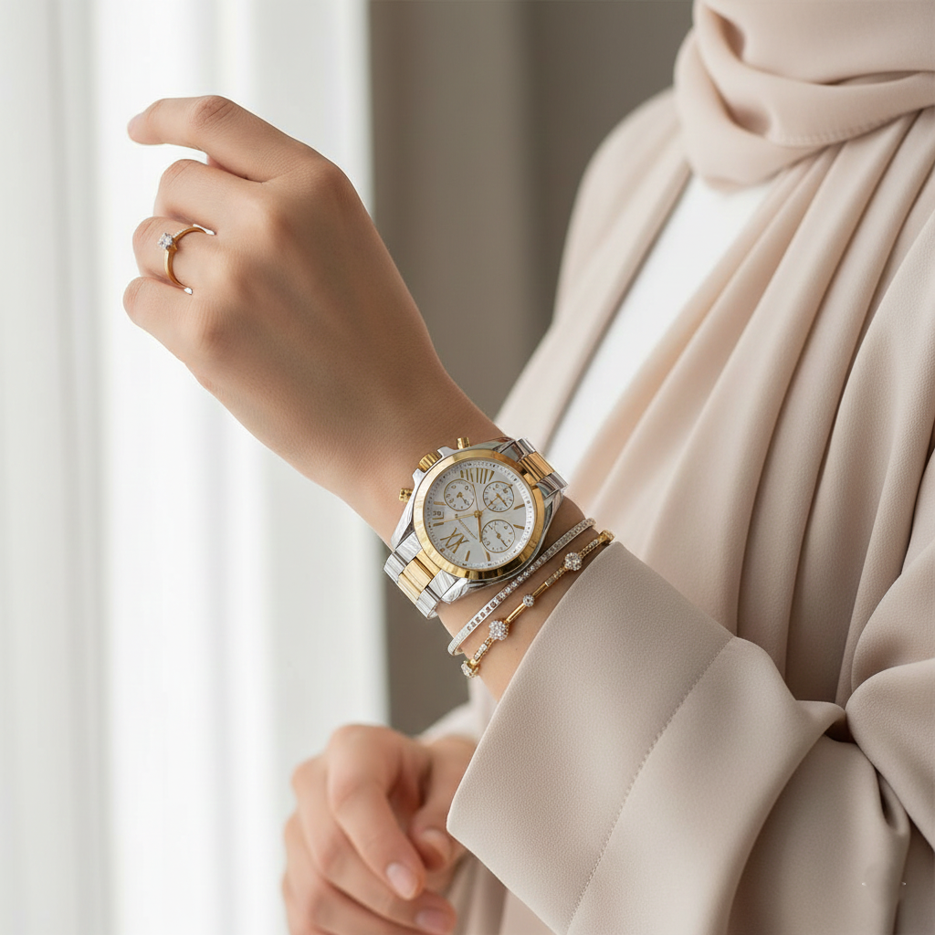 Michael Kors Bradshaw MK5974 43mm Women's Chronograph Watch – White with Two-Tone Stainless Steel Bracelet
