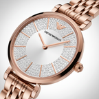 Emporio Armani Gianni T-Bar AR11446 32mm Women's Quartz Watch – Silver Crystal-Set & Rose Gold-Tone Stainless Steel Bracelet