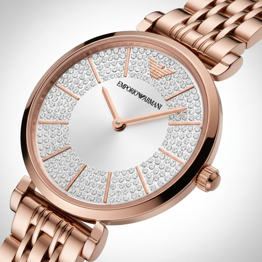 Emporio Armani Gianni T-Bar AR11446 32mm Women's Quartz Watch – Silver Crystal-Set & Rose Gold-Tone Stainless Steel Bracelet