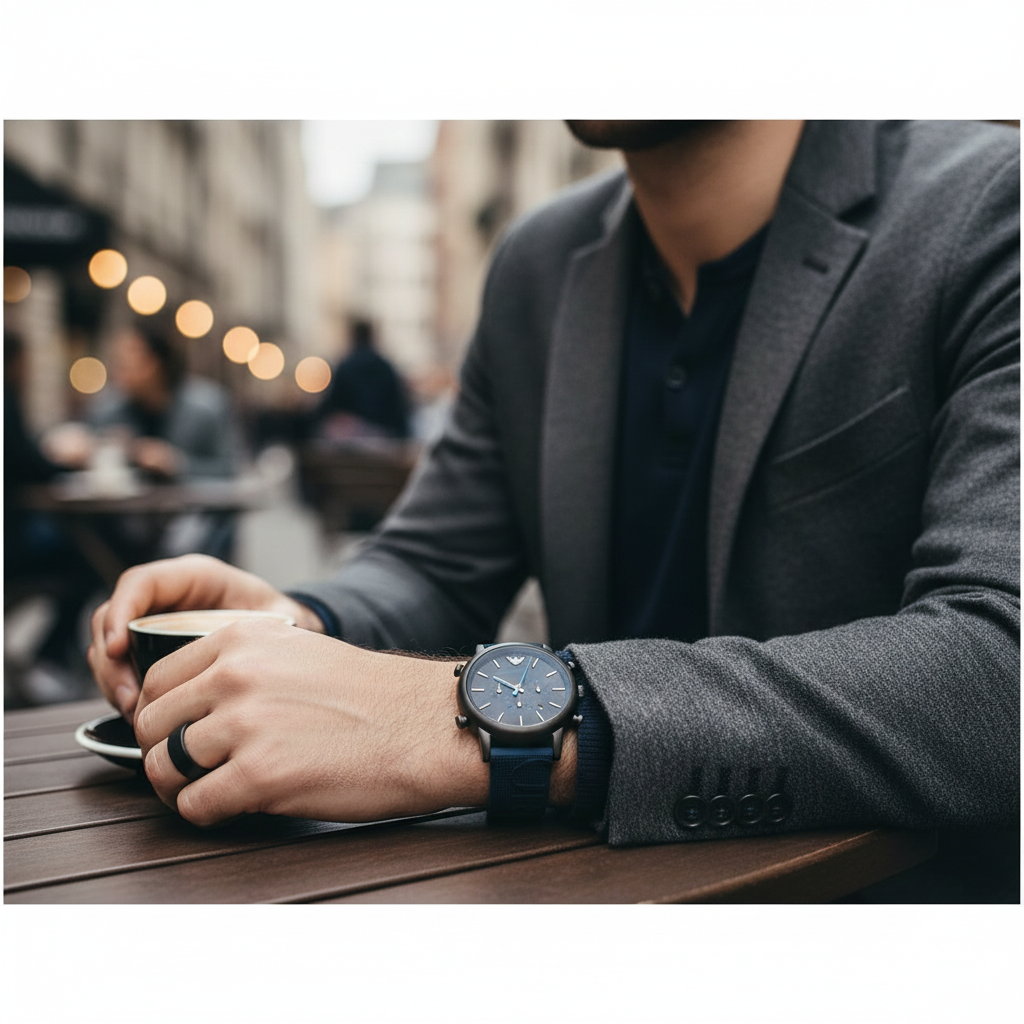 Emporio Armani Luigi AR11023 43mm Men's Chronograph Watch – Black & Blue Silicone Strap