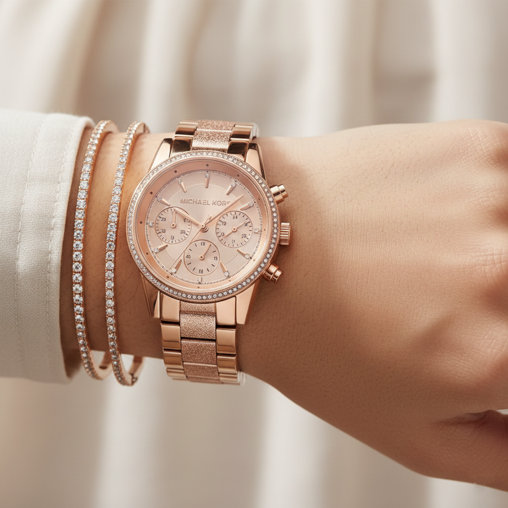 Michael Kors Ritz MK6598 37mm Women's Chronograph Watch – Sunray Rose Gold with Rose Gold Stainless Steel Bracelet