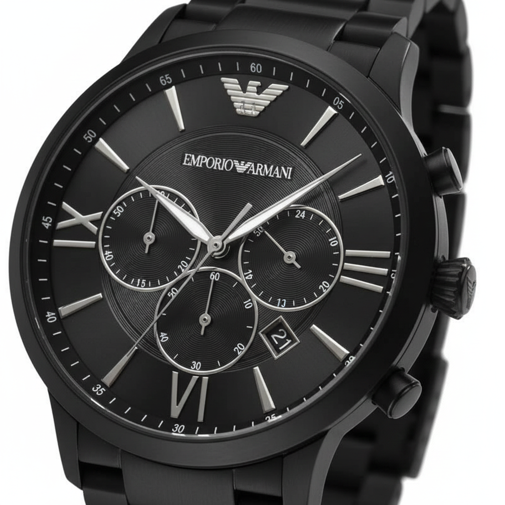 Emporio Armani Giovanni AR11349 43mm Men's Chronograph Watch – Black & Silver-Tone Stainless Steel Bracelet