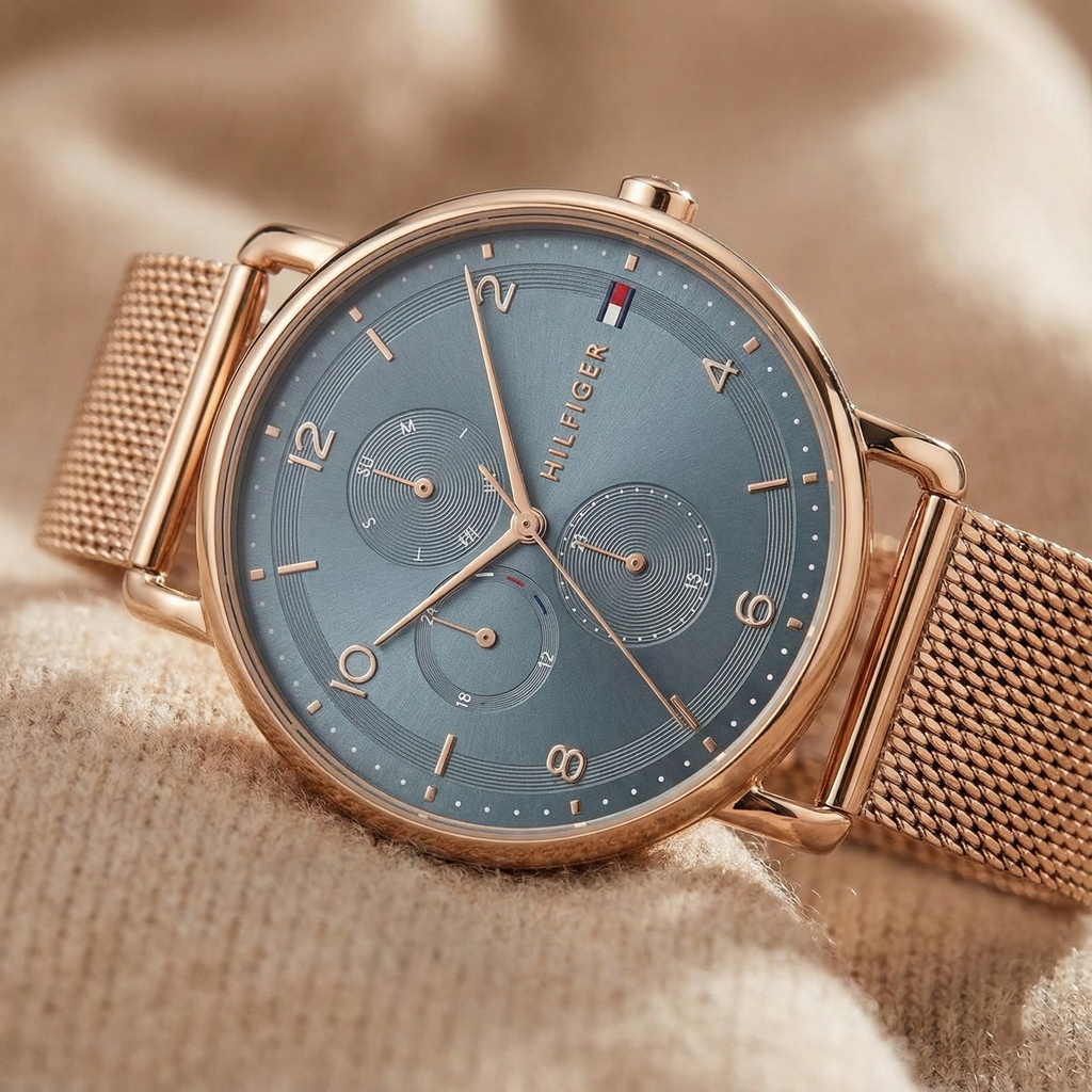 Tommy Hilfiger Signature 1782664 Men's Multi-Function Watch – Blue-Grey & Rose Gold Stainless Steel Mesh Bracelet