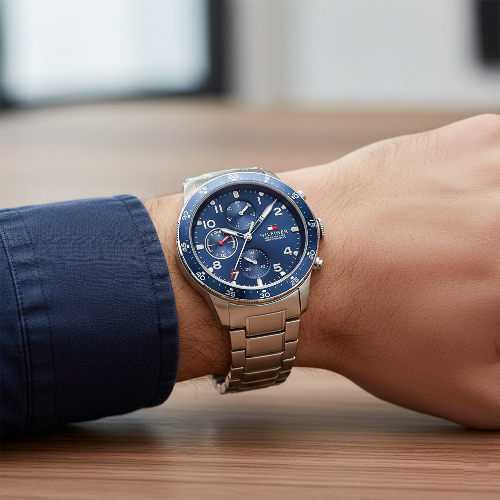 Tommy Hilfiger Jimmy 1791949 46mm Men's Multi-Function Watch – Blue & Silver Stainless Steel Bracelet