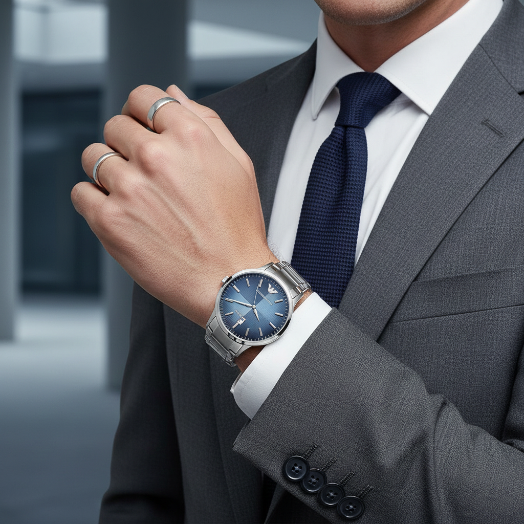 Emporio Armani Renato AR2472 43mm Men's Quartz Watch – Blue Textured & Blue Stainless Steel Bracelet