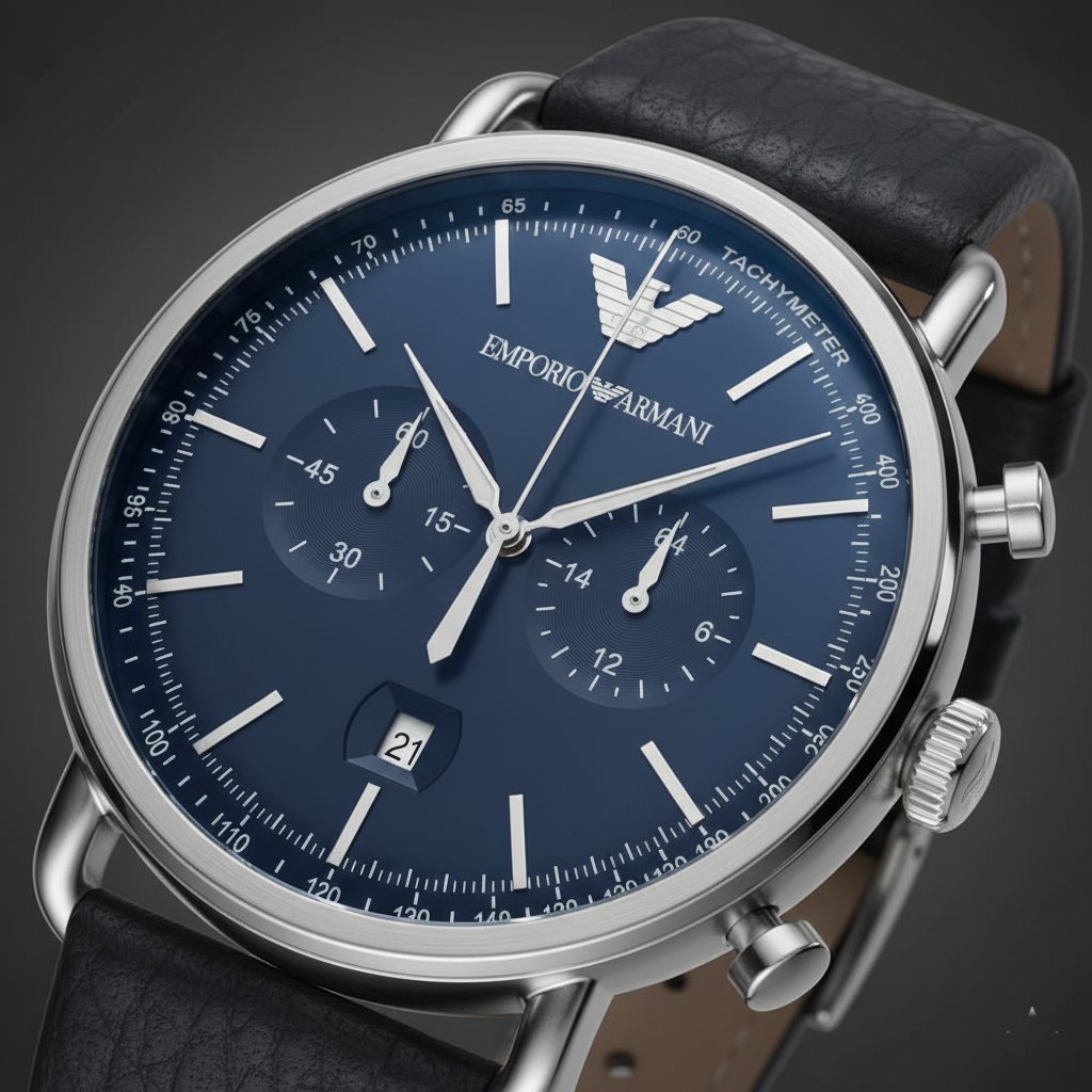 Emporio Armani Aviator AR11105 43mm Men's Chronograph Watch – Blue & Blue Genuine Leather Strap