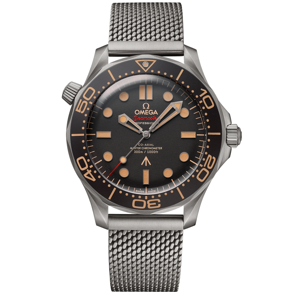 Omega Seamaster “007 Edition” Master Quality Watch – Black Dial, Bronze Gold-Tone Bezel & Stainless Steel Mesh Bracelet