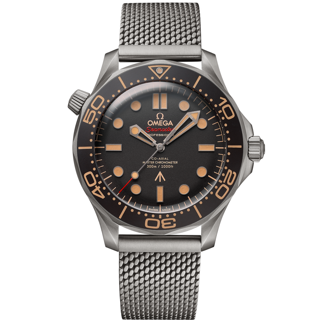 Omega Seamaster “007 Edition” Master Quality Watch – Black Dial, Bronze Gold-Tone Bezel & Stainless Steel Mesh Bracelet
