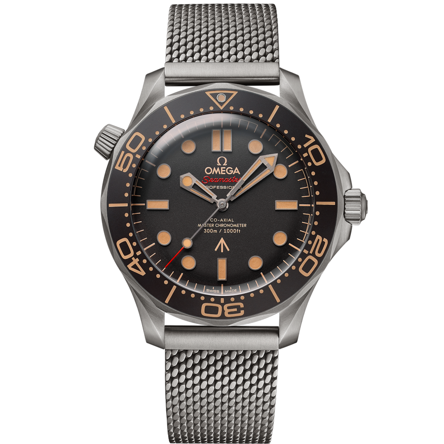 Omega Seamaster “007 Edition” Master Quality Watch – Black Dial, Bronze Gold-Tone Bezel & Stainless Steel Mesh Bracelet