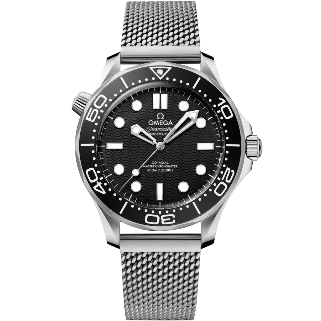 Omega Seamaster “007 Edition” Master Quality Watch – Black Dial, Black Bezel & Stainless Steel Mesh Bracelet