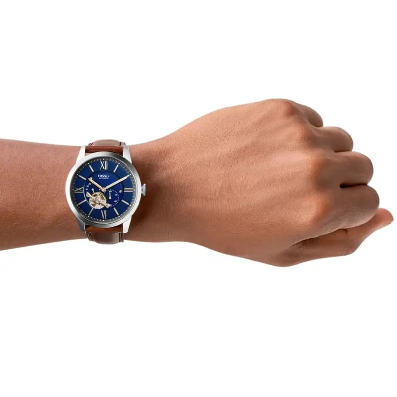 Fossil Townsman ME3110 50mm Men’s Automatic Watch – Dark Blue Skeleton Dial & Brown Genuine Leather Strap