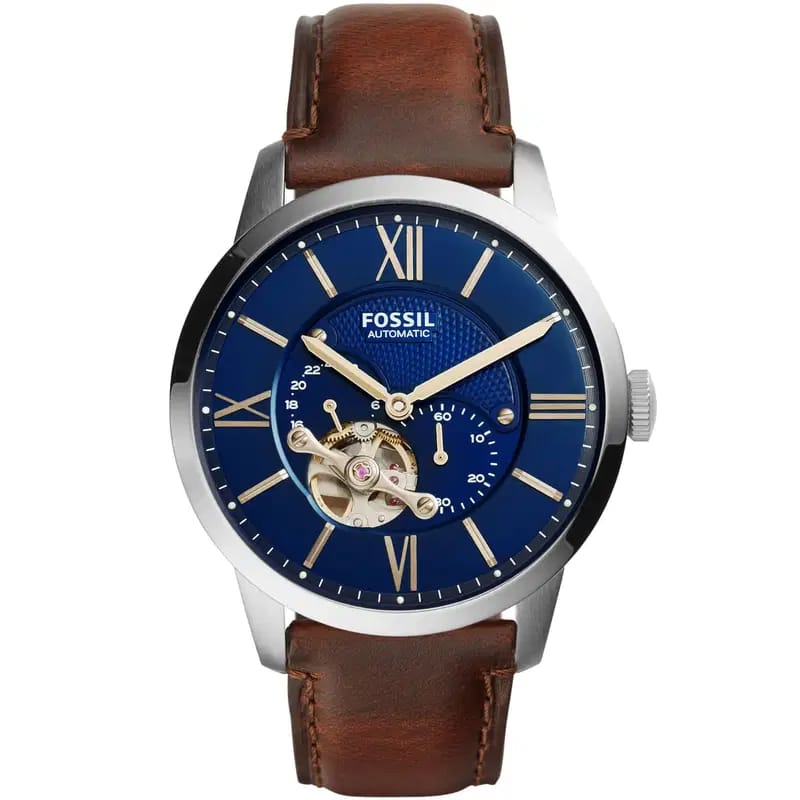 Fossil Townsman ME3110 50mm Men’s Automatic Watch – Dark Blue Skeleton Dial & Brown Genuine Leather Strap
