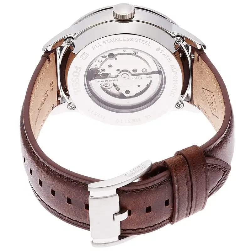 Fossil Townsman ME3110 50mm Men’s Automatic Watch – Dark Blue Skeleton Dial & Brown Genuine Leather Strap