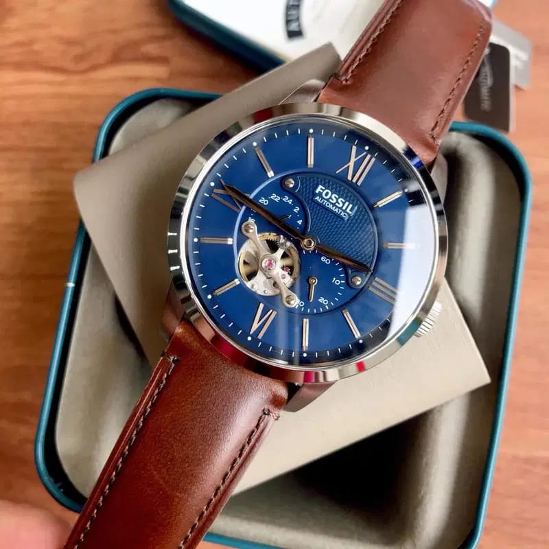 Fossil Townsman ME3110 50mm Men’s Automatic Watch – Dark Blue Skeleton Dial & Brown Genuine Leather Strap