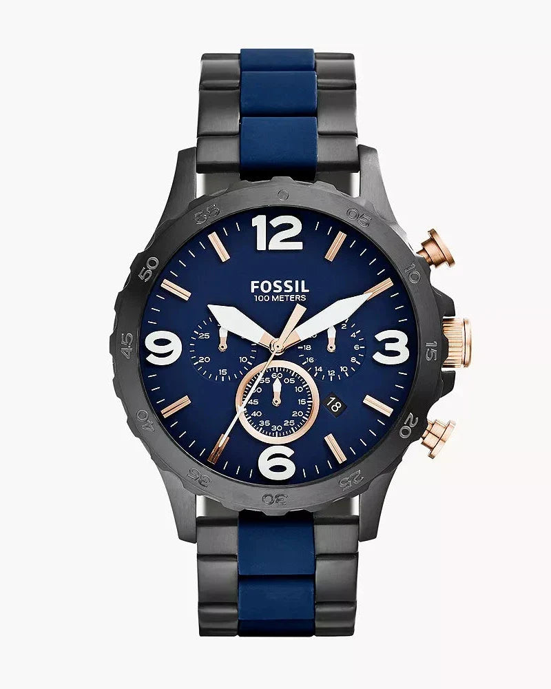 Fossil Nate JR1494 50mm Men’s Chronograph Watch – Blue Dial & Black and Blue-tone Stainless Steel Bracelet
