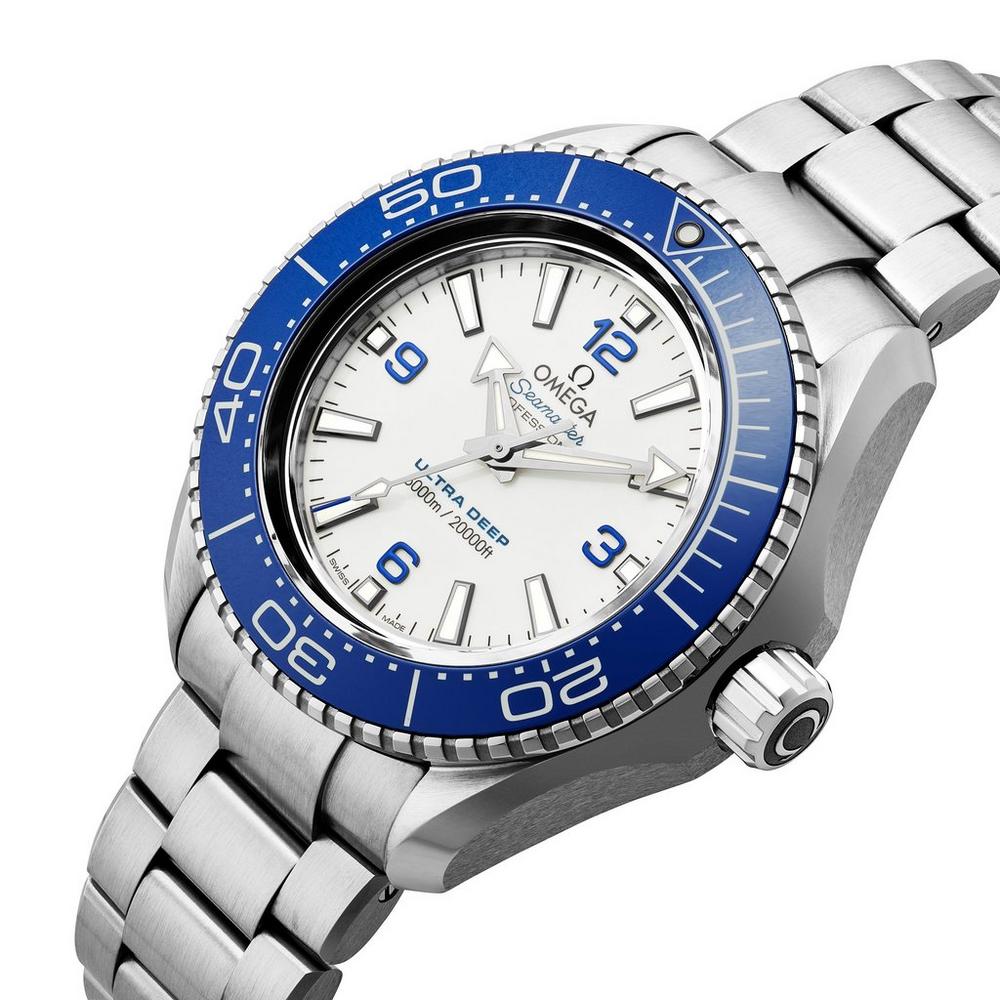 Omega Seamaster Planet Ocean Ultra Deep 43.5mm Master Quality Watch – White Dial, Blue Bezel & Stainless Steel Bracelet