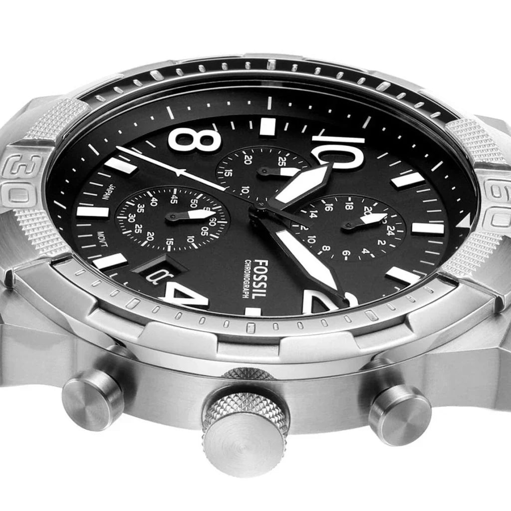 Fossil Bronson FS5710 50mm Men’s Quartz Watch – Black Dial & Silver-tone Stainless Steel Bracelet