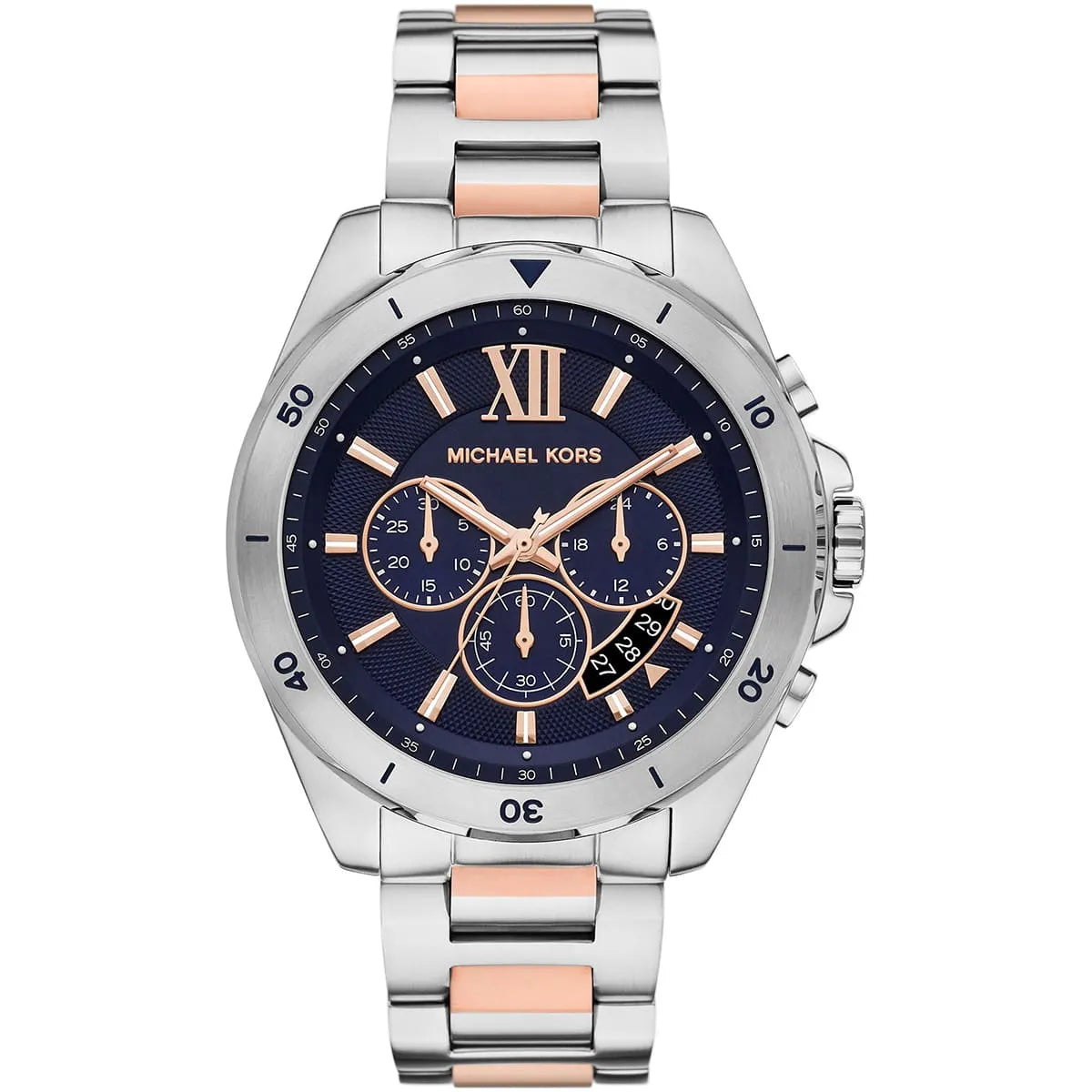 Michael Kors Brecken MK9065 44mm Men's Chronograph Watch – Navy Blue Textured & Two-Tone Silver and Gold Stainless Steel Bracelet