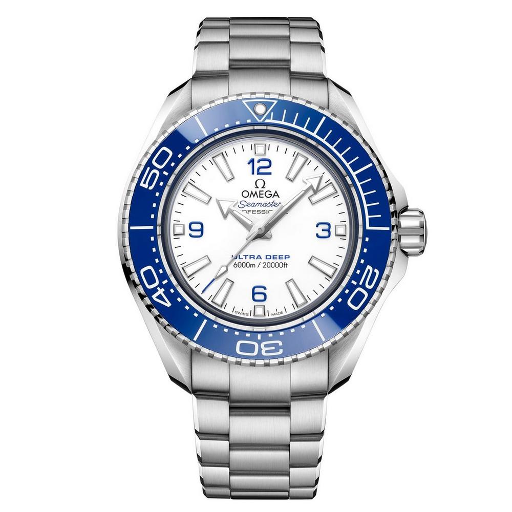 Omega Seamaster Planet Ocean Ultra Deep 43.5mm Master Quality Watch – White Dial, Blue Bezel & Stainless Steel Bracelet