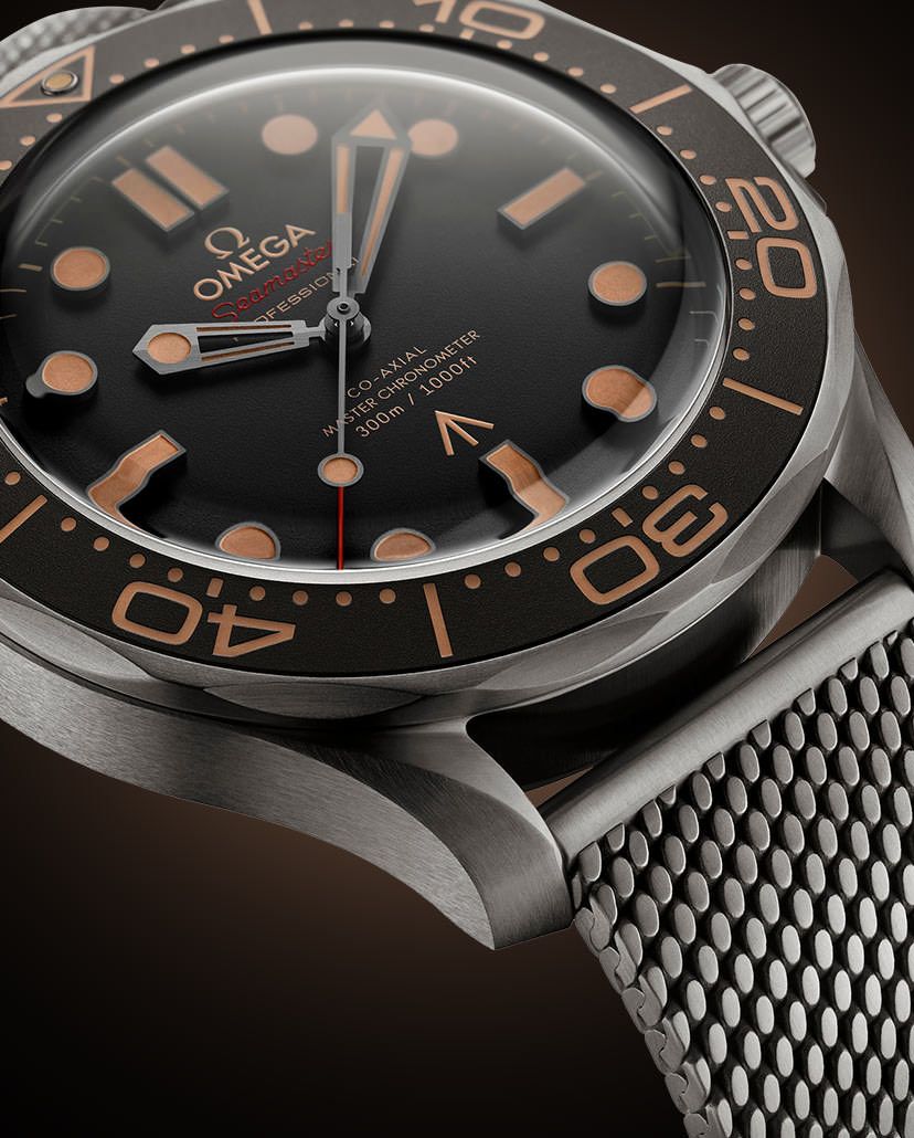Omega Seamaster “007 Edition” Master Quality Watch – Black Dial, Bronze Gold-Tone Bezel & Stainless Steel Mesh Bracelet