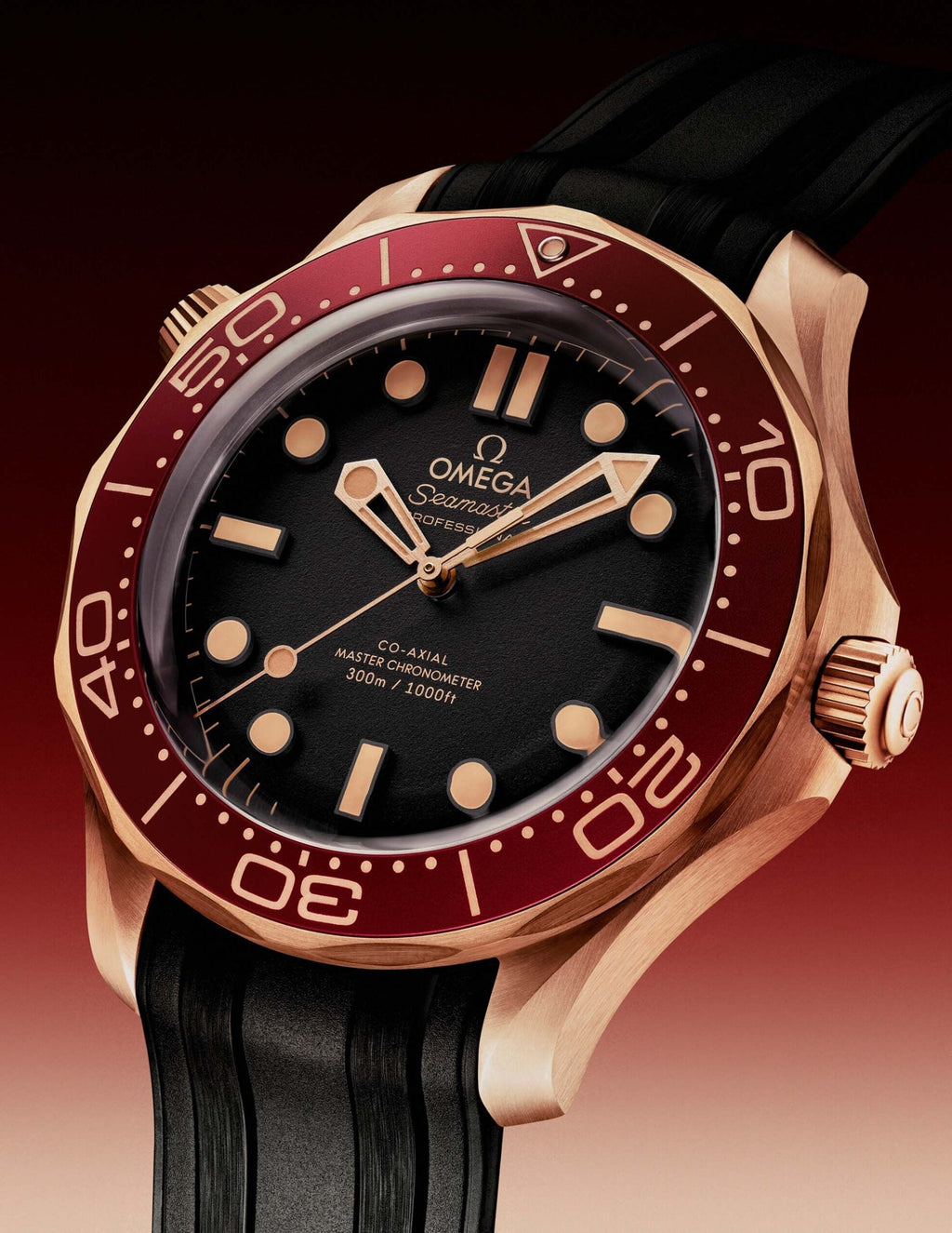 Omega Seamaster Diver 300M 42mm Master Quality Watch – Black Dial, Burgundy Bezel, Bronze Gold-Tone Case & Black Rubber Strap