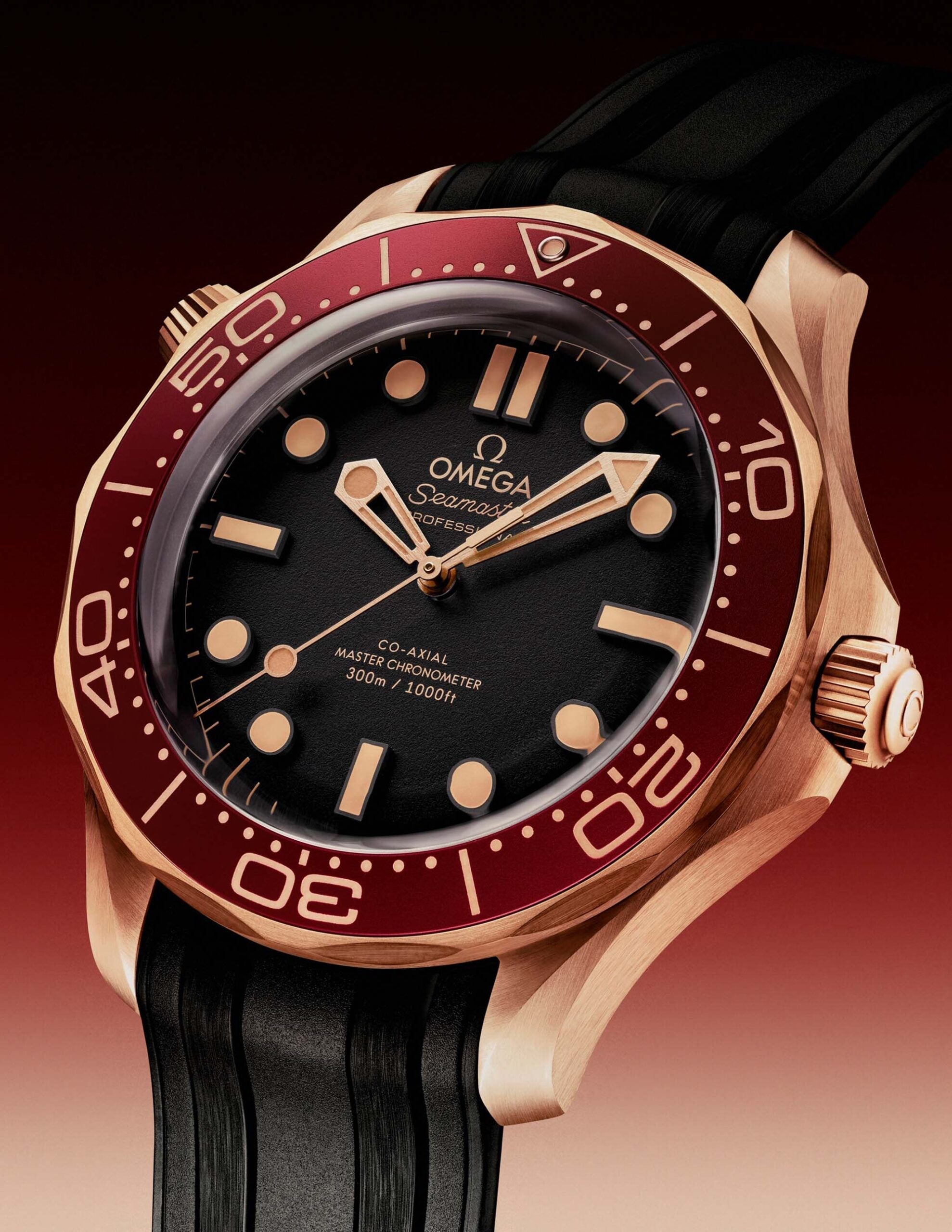 Omega Seamaster Diver 300M 42mm Master Quality Watch – Black Dial, Burgundy Bezel, Bronze Gold-Tone Case & Black Rubber Strap